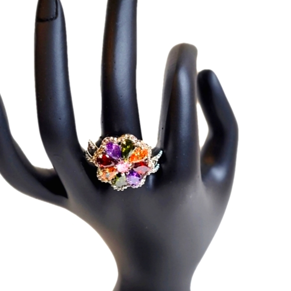 FLOWER MULTI-COLORED GEM RING - Picture 3 of 11